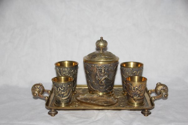 19th Century Chinese Bronze Desk Smoking Set with Dragon Decor, Set of 7-NAD-1784313