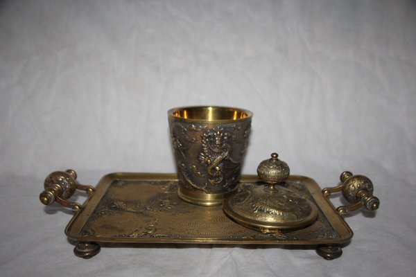 19th Century Chinese Bronze Desk Smoking Set with Dragon Decor, Set of 7-NAD-1784313