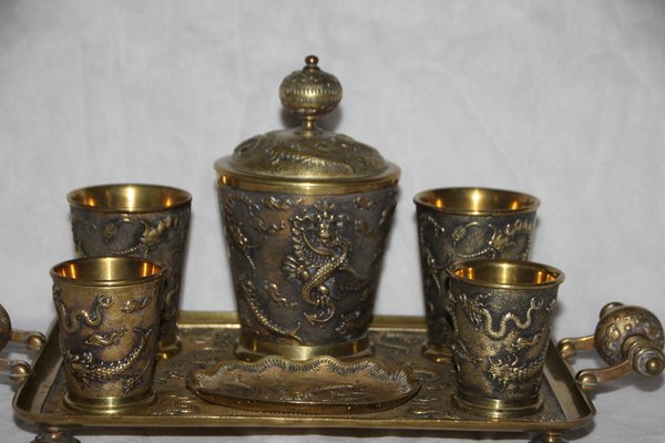 19th Century Chinese Bronze Desk Smoking Set with Dragon Decor, Set of 7-NAD-1784313