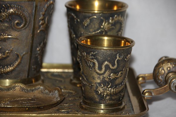 19th Century Chinese Bronze Desk Smoking Set with Dragon Decor, Set of 7-NAD-1784313