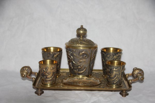 19th Century Chinese Bronze Desk Smoking Set with Dragon Decor, Set of 7-NAD-1784313