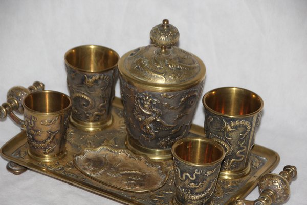 19th Century Chinese Bronze Desk Smoking Set with Dragon Decor, Set of 7-NAD-1784313