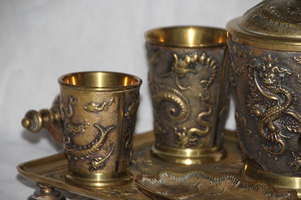 19th Century Chinese Bronze Desk Smoking Set with Dragon Decor, Set of 7-NAD-1784313