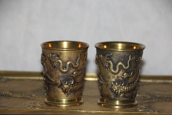 19th Century Chinese Bronze Desk Smoking Set with Dragon Decor, Set of 7-NAD-1784313