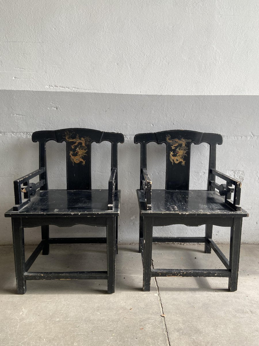 19th Century Chinese Chairs in Lacquered Black Wood with Gilt Decoration, 1890s, Set of 2