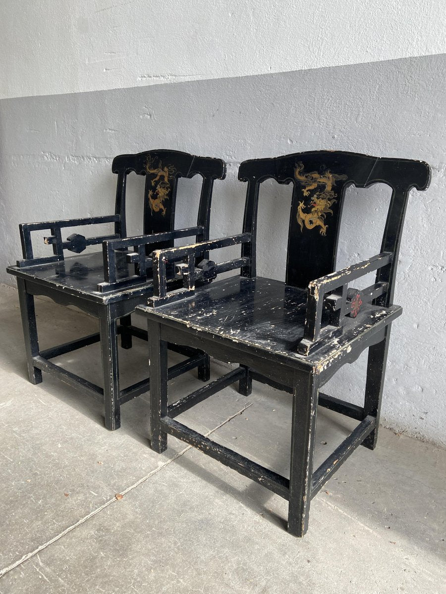 19th Century Chinese Chairs in Lacquered Black Wood with Gilt Decoration, 1890s, Set of 2