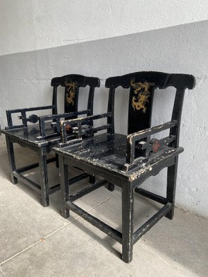 19th Century Chinese Chairs in Lacquered Black Wood with Gilt Decoration, 1890s, Set of 2-DHH-1419562