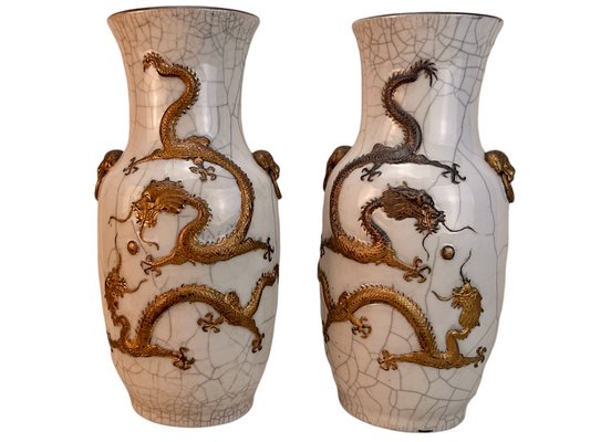 19th Century Chinese Gilt Gold Crackleware Dragon Vases, Set of 2-TCS-1148590