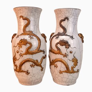 19th Century Chinese Gilt Gold Crackleware Dragon Vases, Set of 2-TCS-1148590