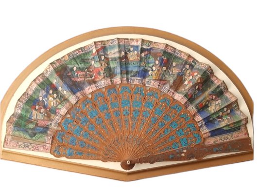 19th Century Chinese Hand Painted Sandalo Wook and Papyrus Fan the Thousand Faces-TCS-1156282