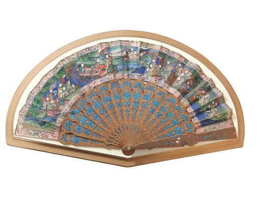 19th Century Chinese Hand Painted Sandalo Wook and Papyrus Fan the Thousand Faces-TCS-1156282