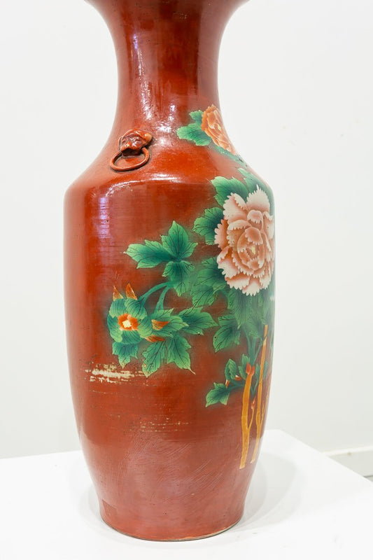 19th Century Chinese Red Vase Decorated with Peonies