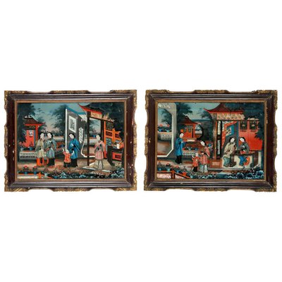 19th-Century Chinese Reverse-Painted Mirror Pictures, Set of 2-MBH-1031589