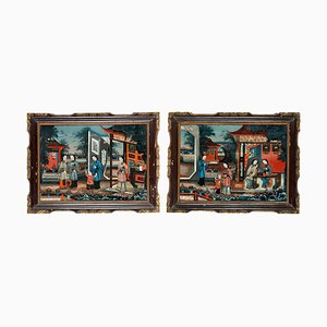 19th-Century Chinese Reverse-Painted Mirror Pictures, Set of 2-MBH-1031589