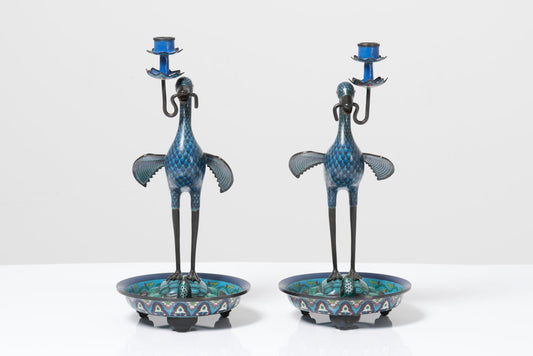 19th Century Cloisonné Bronze Candleholders Representing Cranes Birds and Turtles, Set of 2