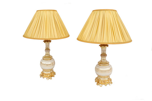 19th Century Cream and Gold Iridescent Porcelain Table Lamps, Set of 2