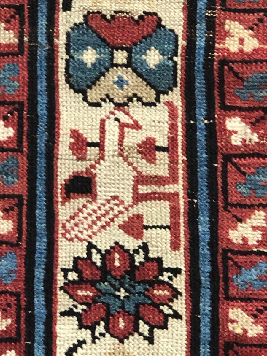 19th-Century Dark Blue & White Boteh and Birds Caucasus Runner Rug, 1890s