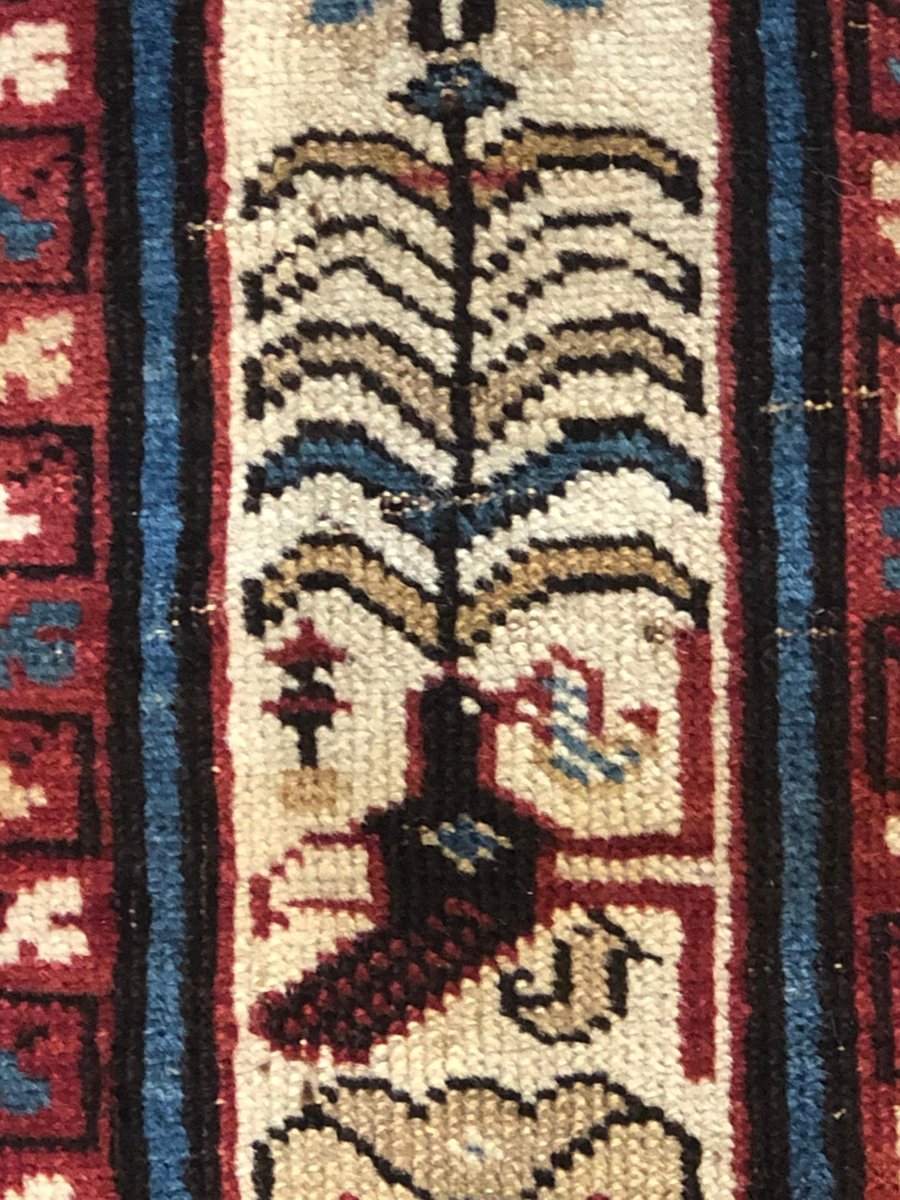 19th-Century Dark Blue & White Boteh and Birds Caucasus Runner Rug, 1890s