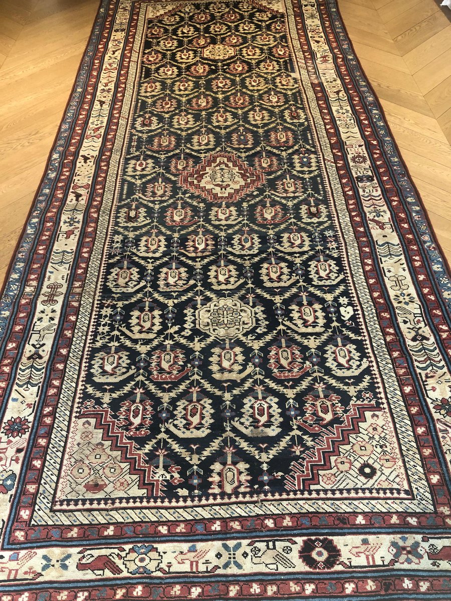 19th-Century Dark Blue & White Boteh and Birds Caucasus Runner Rug, 1890s