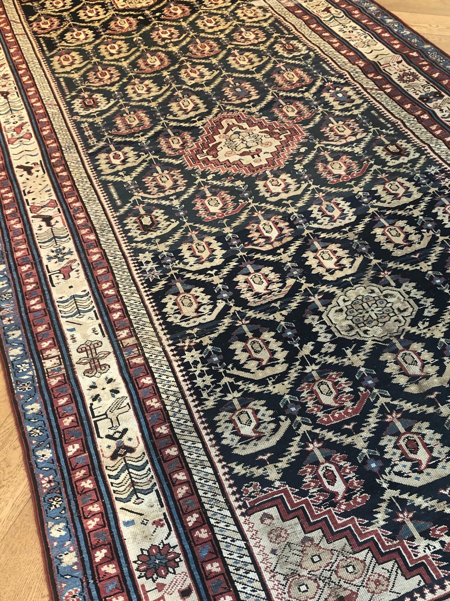 19th-Century Dark Blue & White Boteh and Birds Caucasus Runner Rug, 1890s