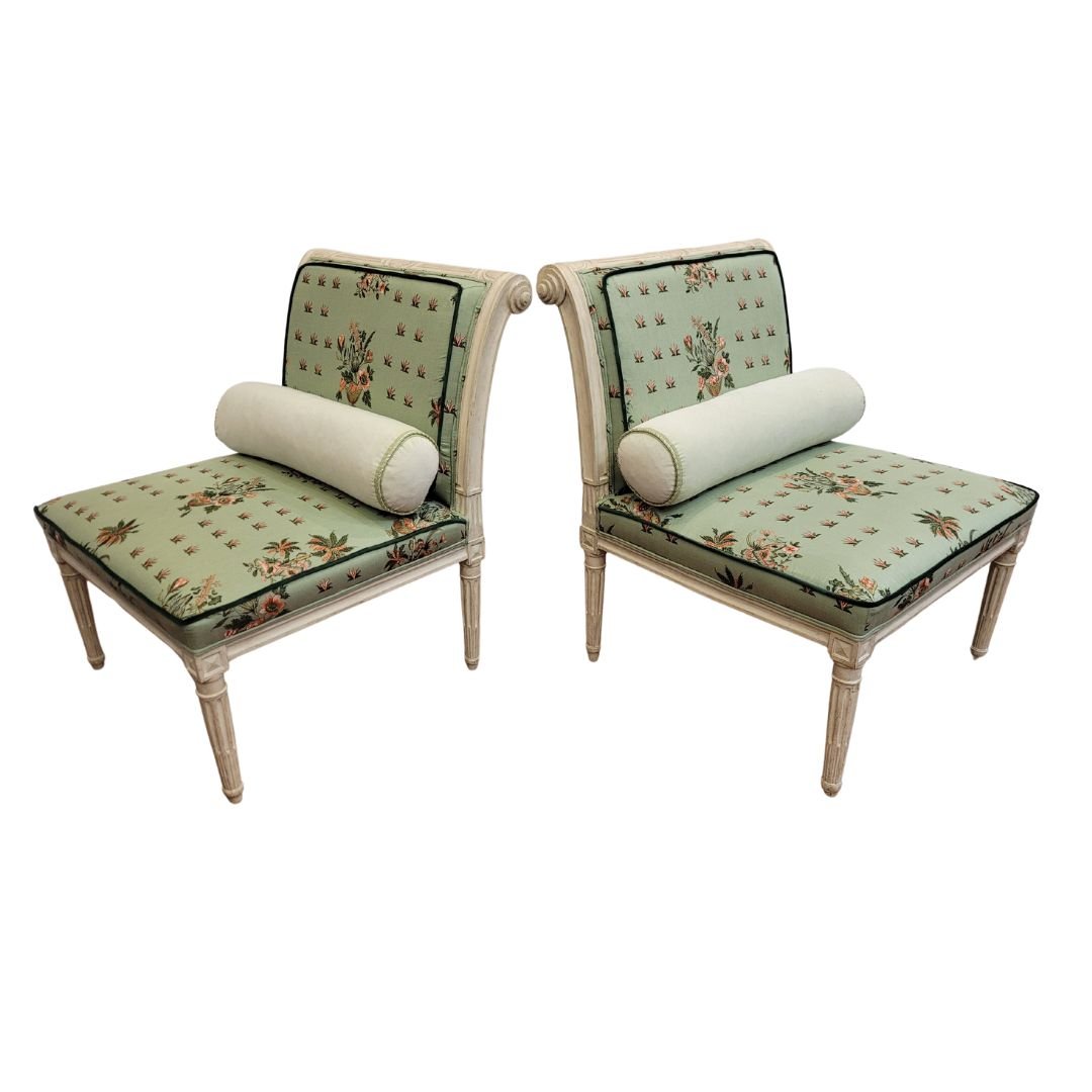 19th Century Directory Armchairs in White Wood and Pierre Frey Fabric, France, Set of 2