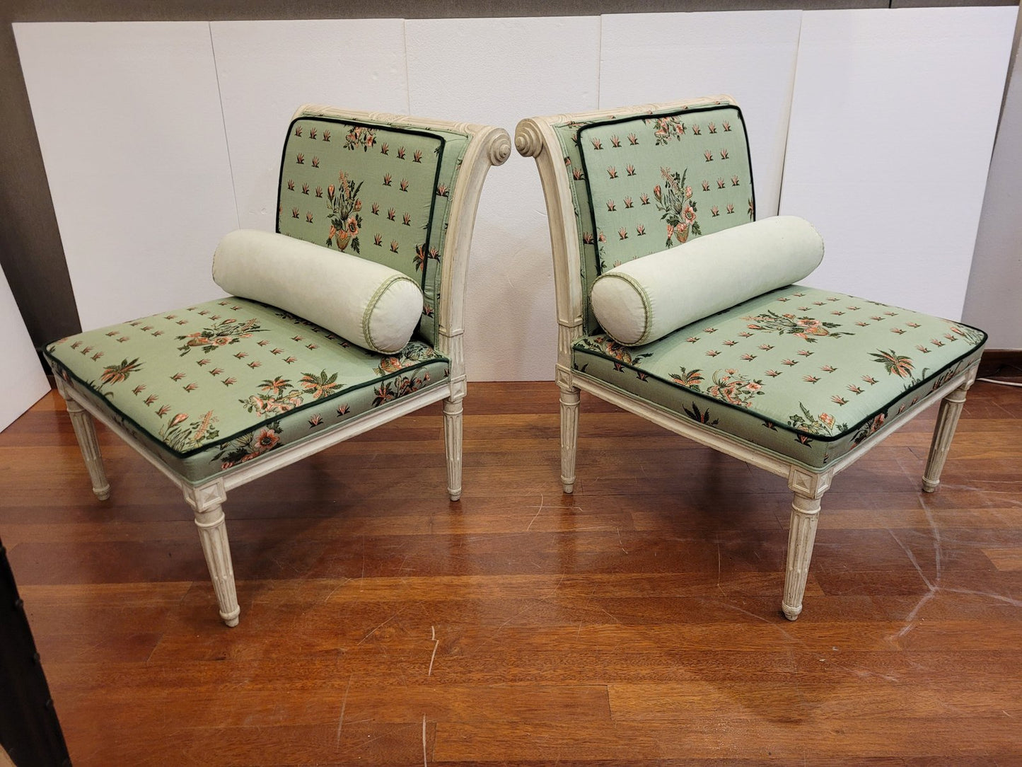 19th Century Directory Armchairs in White Wood and Pierre Frey Fabric, France, Set of 2