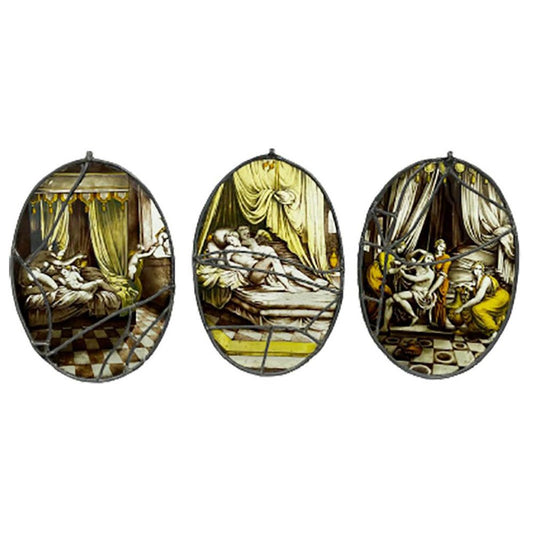 19th Century Dutch Oval Fire-Painted Stained Glass Windows by Jan Schouten for Delft, Set of 3