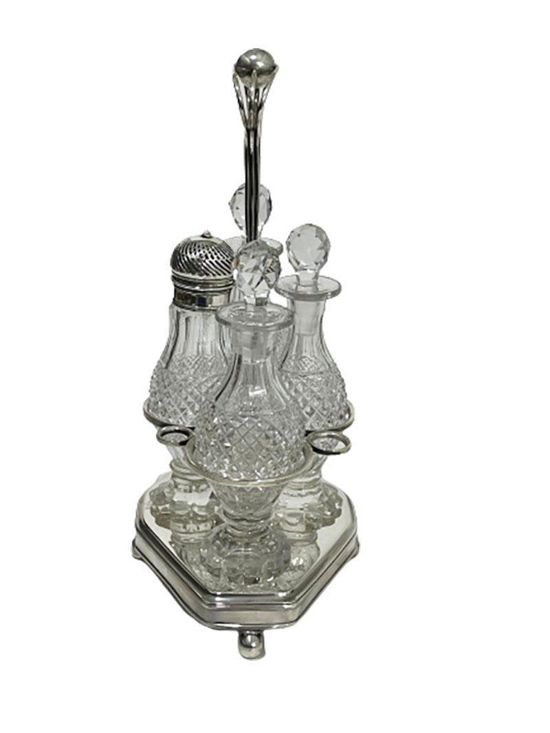 19th Century Dutch Silver and Diamond Cut Crystal Cruet, 1816, Set of 5