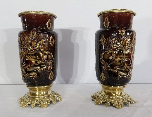 19th Century Earthenware and Bronze Vases by E. Gilles, Set of 2