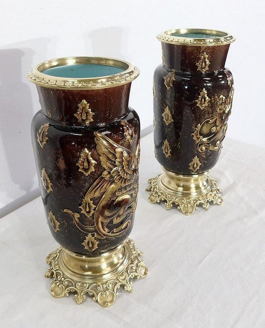 19th Century Earthenware and Bronze Vases by E. Gilles, Set of 2