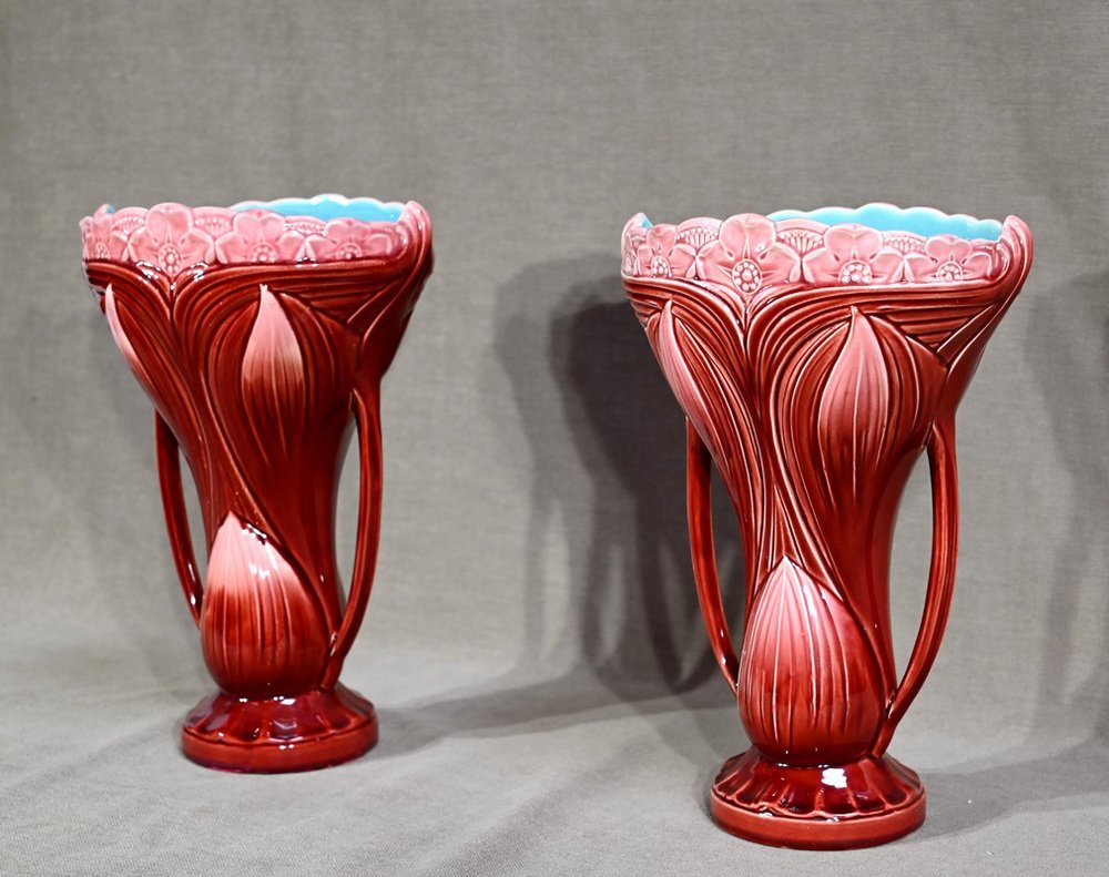 19th Century Earthenware Vases by Digoin Sarreguemines, Set of 2