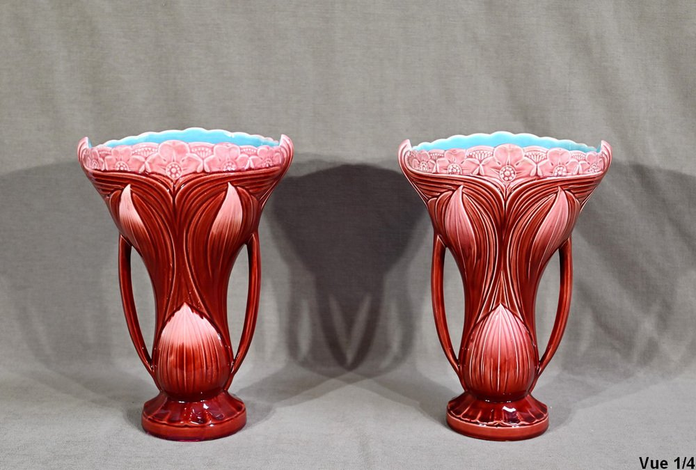 19th Century Earthenware Vases by Digoin Sarreguemines, Set of 2