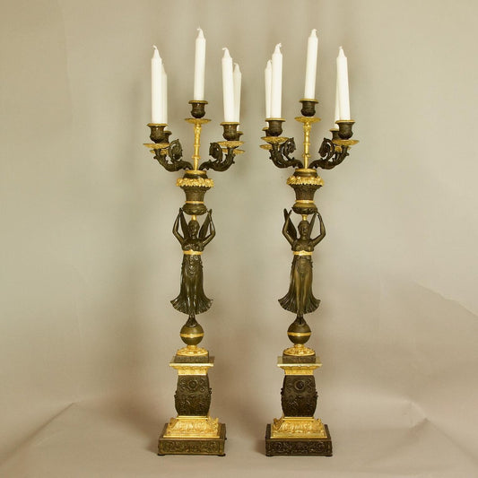 19th Century Empire Gilt Bronze and Patinated Bronze Victory Candelabras, Set of 2