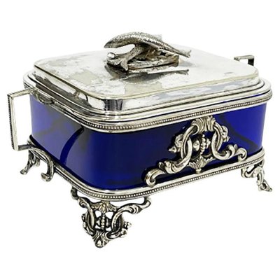 19th Century English Plate Silver Box with Blue Glass, 1866-UCH-1224392