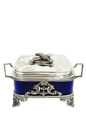 19th Century English Plate Silver Box with Blue Glass, 1866-UCH-1224392