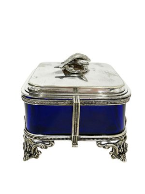 19th Century English Plate Silver Box with Blue Glass, 1866-UCH-1224392