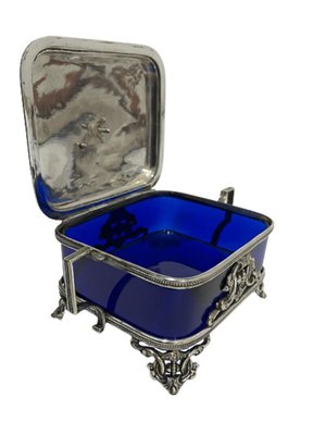 19th Century English Plate Silver Box with Blue Glass, 1866-UCH-1224392