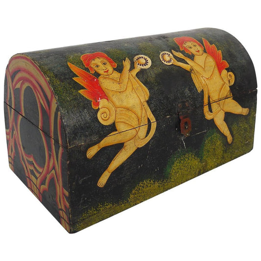 19th Century European Folk Art Painted Wooden Dome Top Box