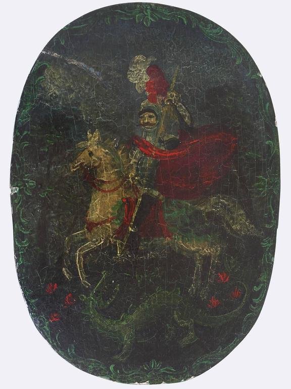 19th Century European Painted Wooden Oval Box with Saint George & the Dragon