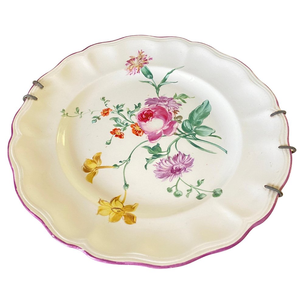 19th Century Faience Plate with Flowers Decor Dish attributed to Luneville, France