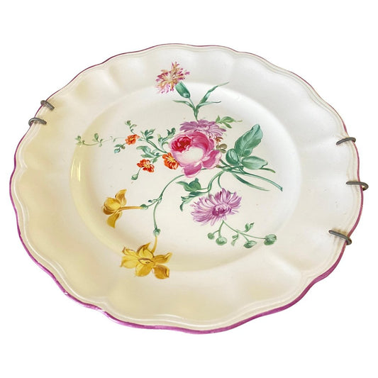 19th Century Faience Plate with Flowers Decor Dish attributed to Luneville, France