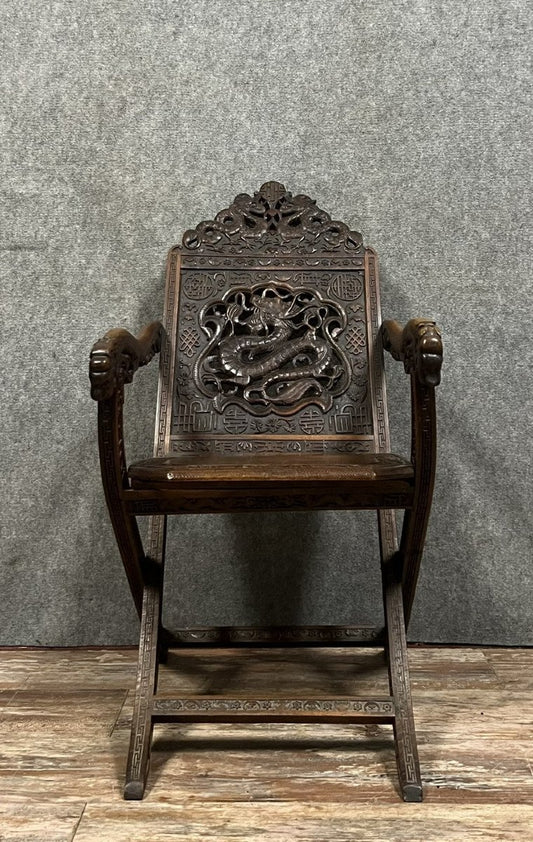 19th Century Folding Country Armchair in Carved Walnut with Back and Arms Carved with Dragons, China