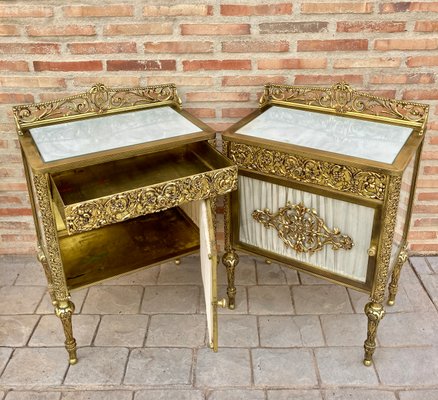 19th Century French Bronze Vitrine Nightstands with Glass Doors and Brass Drawers, Set of 2-NOU-1057879