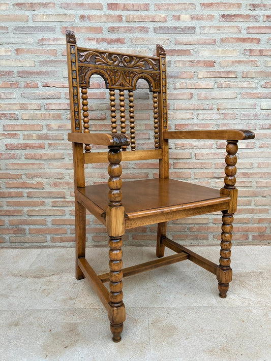 19th-Century French Carved Oak Turned Wood Armchair