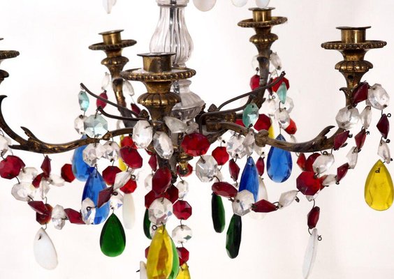 19th Century French Chandelier with Colored Glass and Bronze-SA-686063