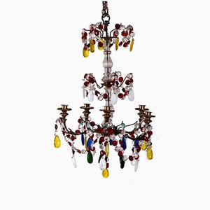 19th Century French Chandelier with Colored Glass and Bronze-SA-686063