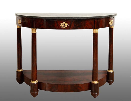 19th Century French Console Demi Lune in Mahogany Feather with Belgian Black Marble Top