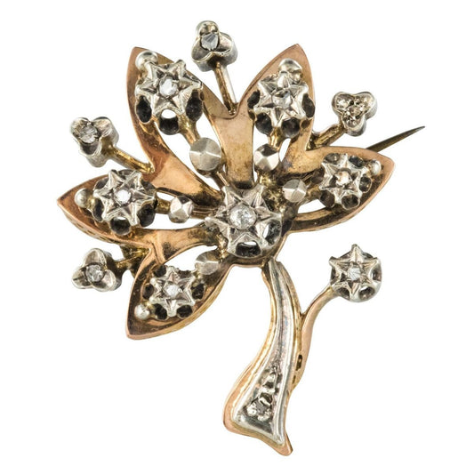 19th Century French Diamond Rose Gold Tree Brooch by Silver