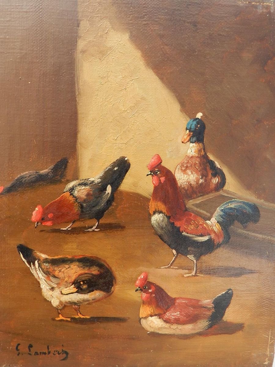 19th Century French Farmyard Oil Painting by Lambert Ducks