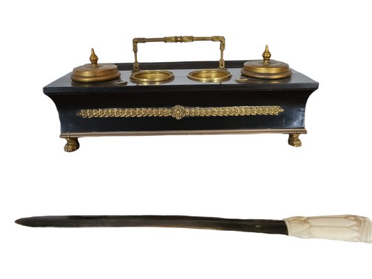 19th Century French Gilded Dore Bronze & Ebonized Wood Inkwell-TCS-1357514